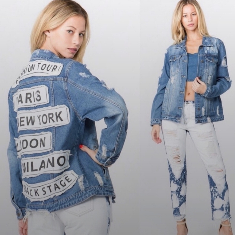 Denim Distressed Graphic Jean Jacket Worldwide Fashion Cities Women's Medium New